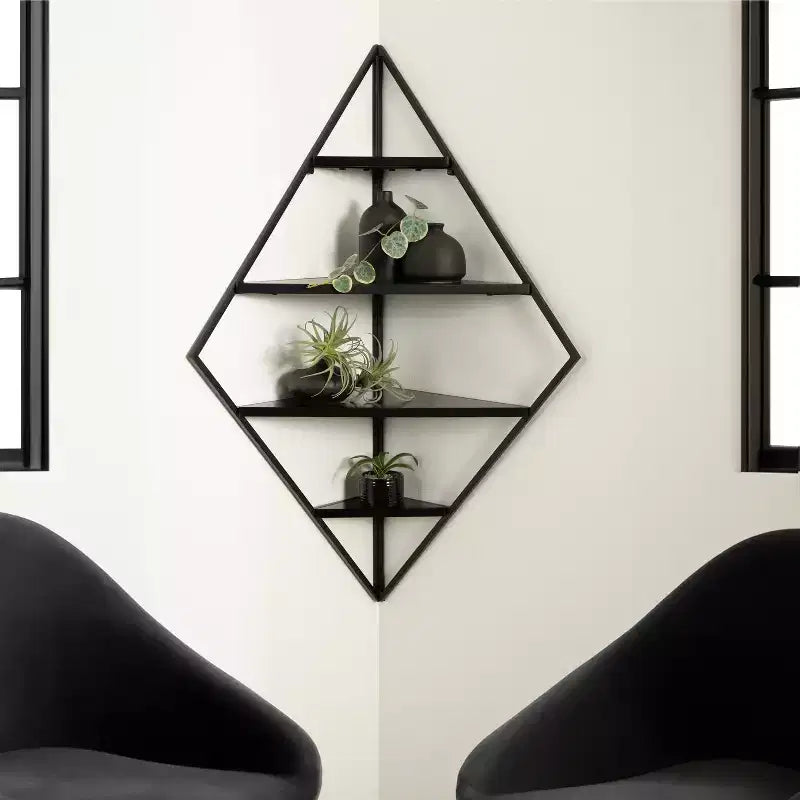 Étagère d'angle murale en métal et bois, 4 niveaux – 96,5 cm (H) x 58,7 cm (l) x 41,6 cm (P), Noire