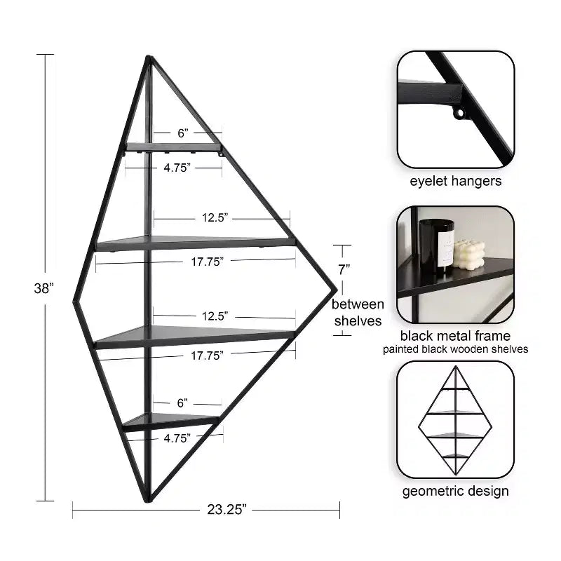 Étagère d'angle murale en métal et bois, 4 niveaux – 96,5 cm (H) x 58,7 cm (l) x 41,6 cm (P), Noire