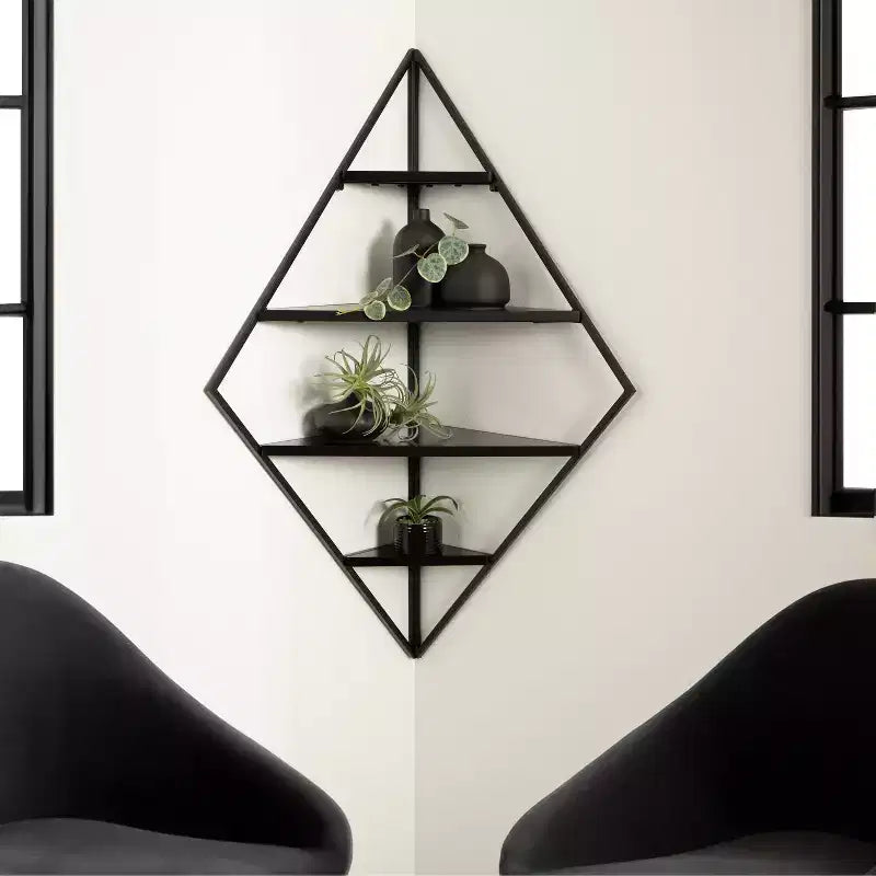 Étagère d'angle murale en métal et bois, 4 niveaux – 96,5 cm (H) x 58,7 cm (l) x 41,6 cm (P), Noire