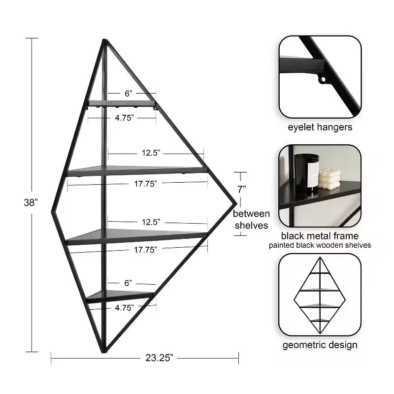 Étagère d'angle murale en métal et bois, 4 niveaux – 96,5 cm (H) x 58,7 cm (l) x 41,6 cm (P), Noire