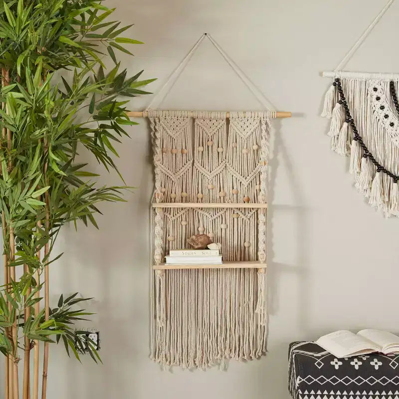 Étagère Murale en Macramé Coton Fait Main à 2 Niveaux – 124,5 cm L x 63,5 cm H, Blanc