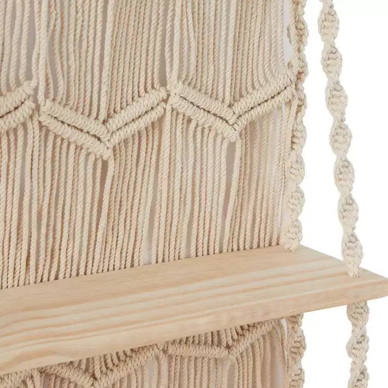 Étagère Murale en Macramé Coton Fait Main à 2 Niveaux – 124,5 cm L x 63,5 cm H, Blanc
