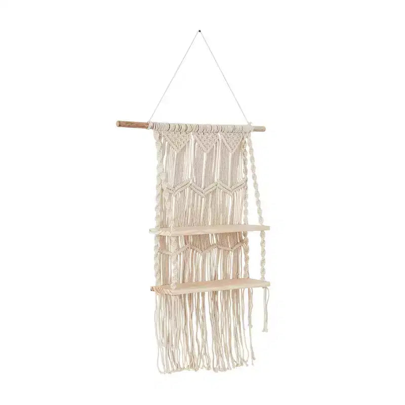 Étagère Murale en Macramé Coton Fait Main à 2 Niveaux – 124,5 cm L x 63,5 cm H, Blanc