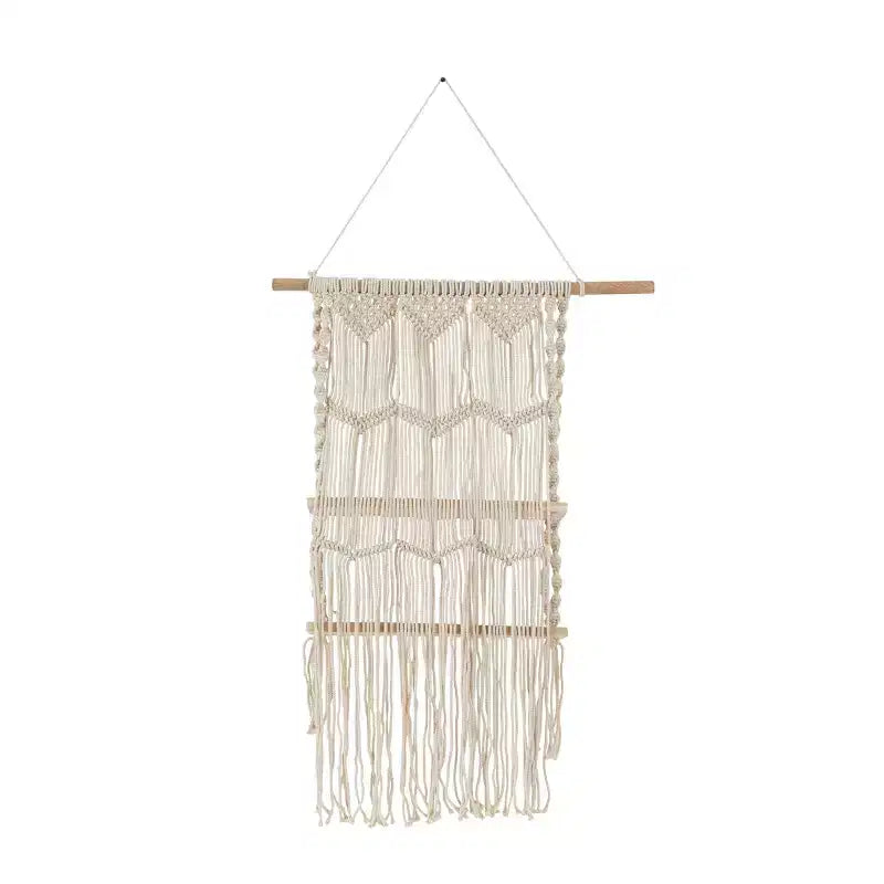 Étagère Murale en Macramé Coton Fait Main à 2 Niveaux – 124,5 cm L x 63,5 cm H, Blanc