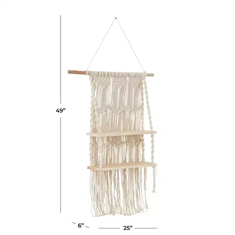 Étagère Murale en Macramé Coton Fait Main à 2 Niveaux – 124,5 cm L x 63,5 cm H, Blanc