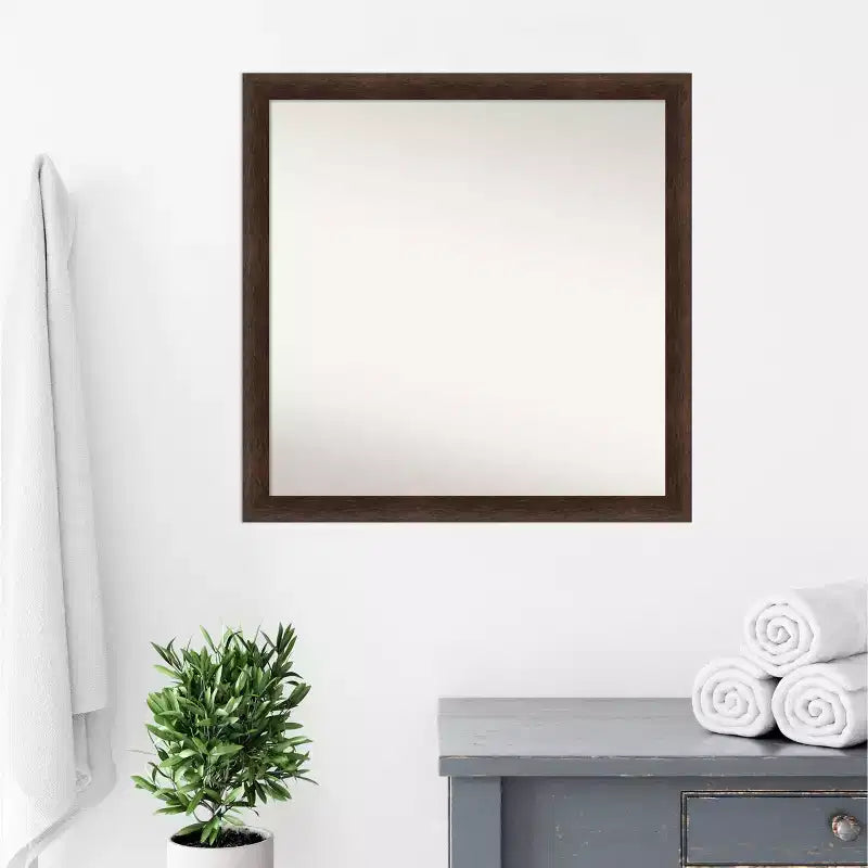 Miroir Mural Carré en Bois pour Salle de Bain, Cadre Noyer Chaud – 73.66x73.66 cm, Fixation Murale