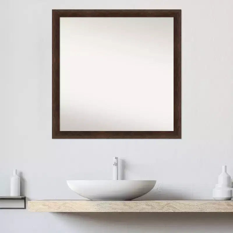 Miroir Mural Carré en Bois pour Salle de Bain, Cadre Noyer Chaud – 73.66x73.66 cm, Fixation Murale