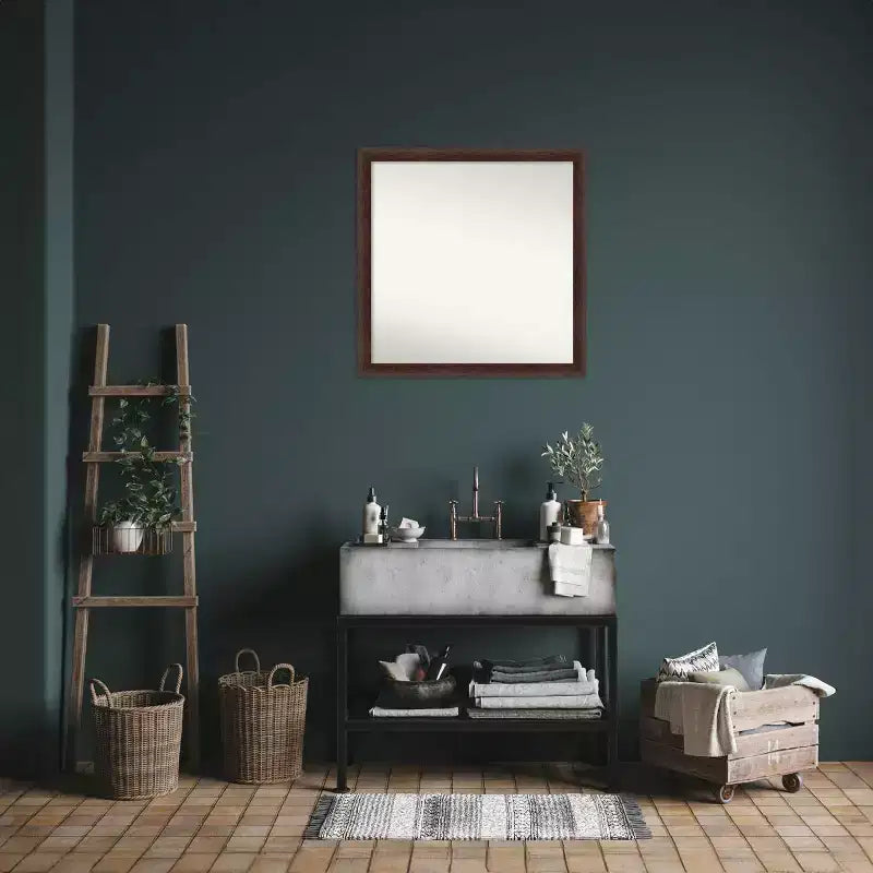 Miroir Mural Carré en Bois pour Salle de Bain, Cadre Noyer Chaud – 73.66x73.66 cm, Fixation Murale