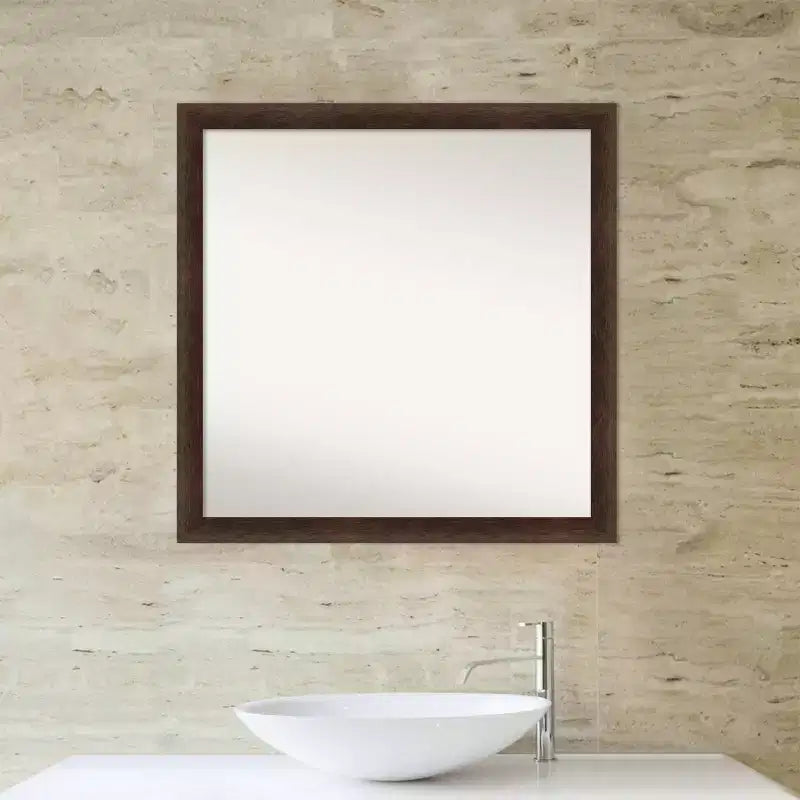 Miroir Mural Carré en Bois pour Salle de Bain, Cadre Noyer Chaud – 73.66x73.66 cm, Fixation Murale