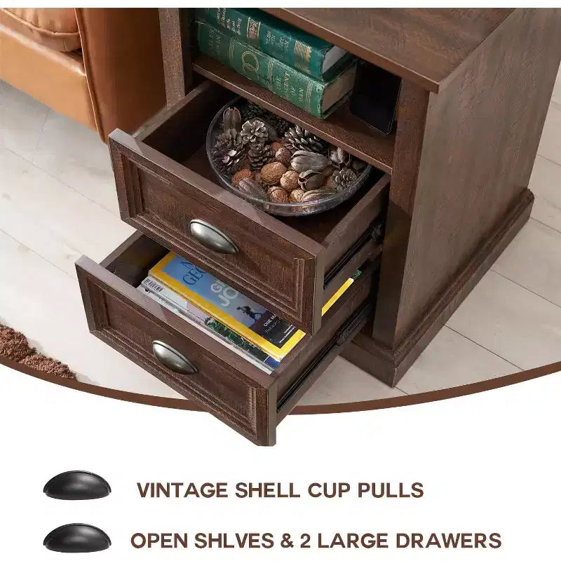 Table de chevet rustique avec station de charge et 2 tiroirs – 54 cm H x 45,7 cm L x 43,6 cm P