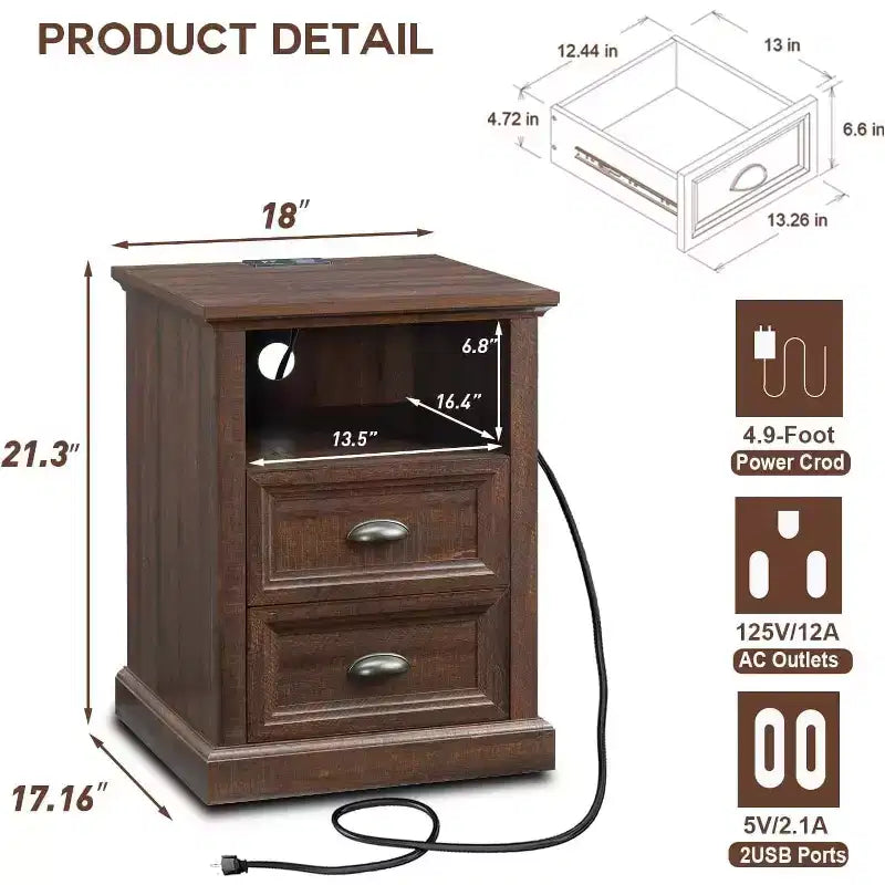 Table de chevet rustique avec station de charge et 2 tiroirs – 54 cm H x 45,7 cm L x 43,6 cm P