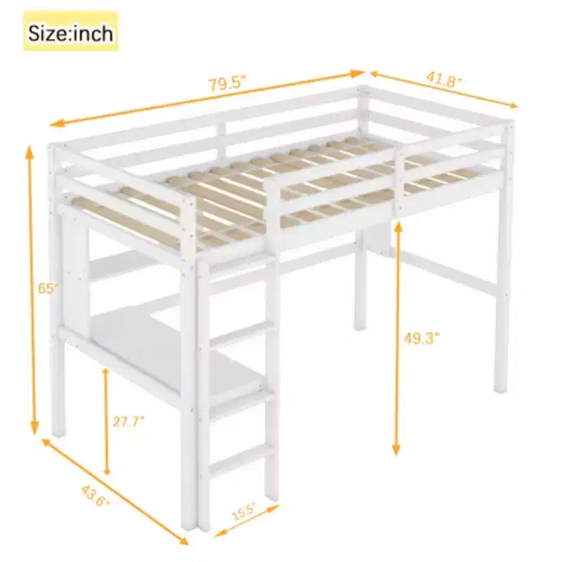 Lit mezzanine double niveau avec bureau intégré et étagère de rangement – 65"H x 43.6"W x 79.5"D, Pin