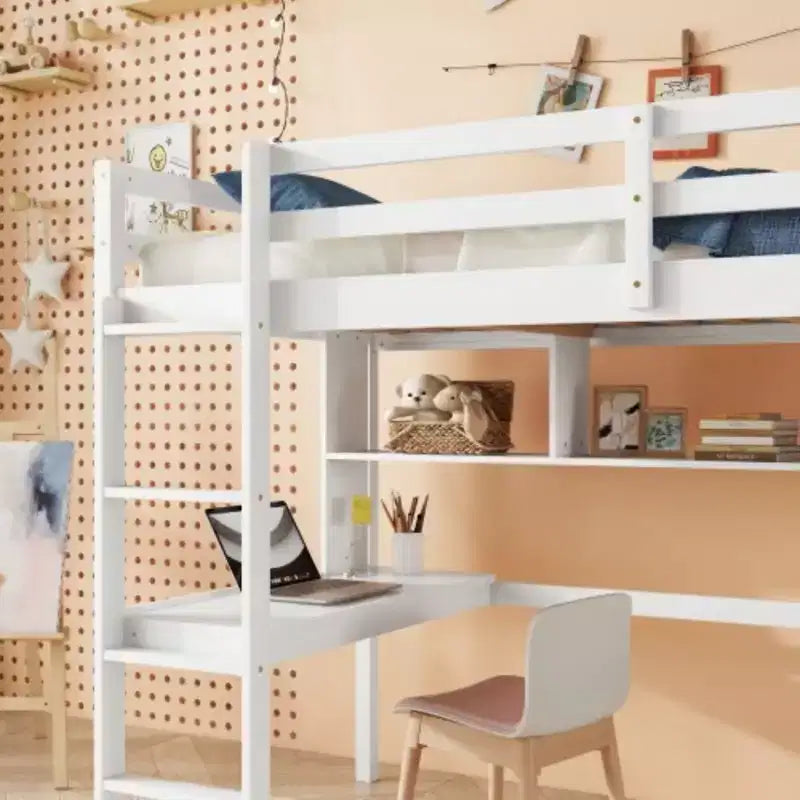 Lit mezzanine double niveau avec bureau intégré et étagère de rangement – 65"H x 43.6"W x 79.5"D, Pin