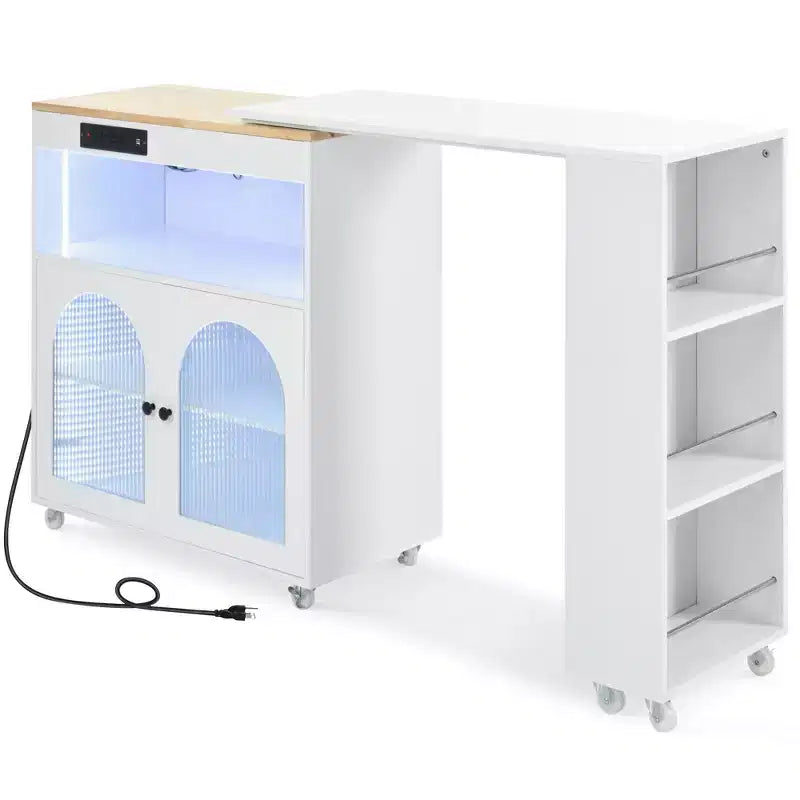 Îlot de cuisine roulant avec table extensible, lumières LED et prises de courant – 94,28 cm H x 42,97 cm L x 84,37 cm P