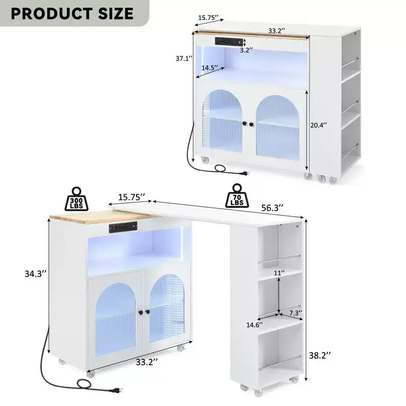 Îlot de cuisine roulant avec table extensible, lumières LED et prises de courant – 94,28 cm H x 42,97 cm L x 84,37 cm P