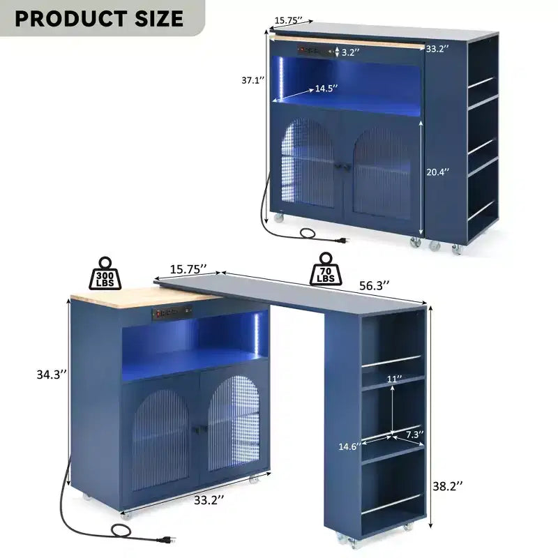 Îlot de cuisine roulant avec table extensible, lumières LED et prises de courant – 94,28 cm H x 42,97 cm L x 84,37 cm P