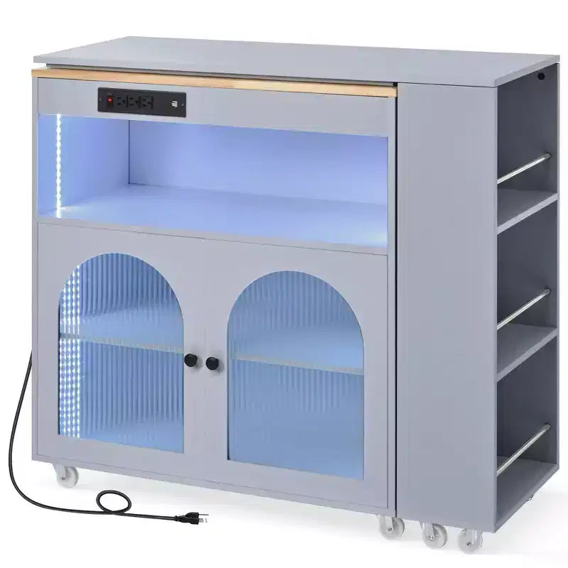 Îlot de cuisine roulant avec table extensible, lumières LED et prises de courant – 94,28 cm H x 42,97 cm L x 84,37 cm P
