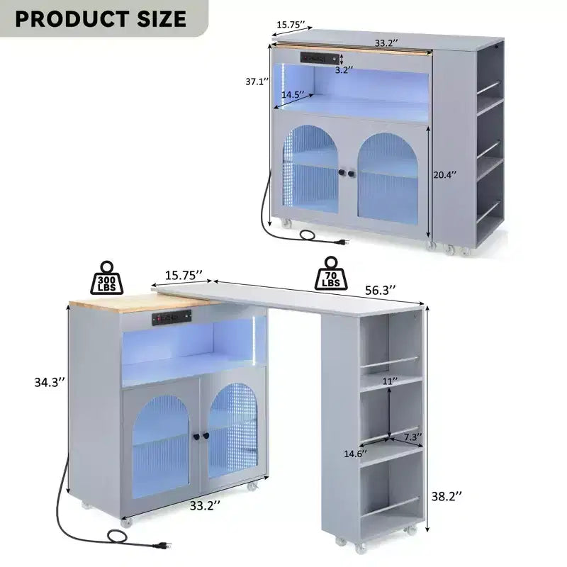 Îlot de cuisine roulant avec table extensible, lumières LED et prises de courant – 94,28 cm H x 42,97 cm L x 84,37 cm P