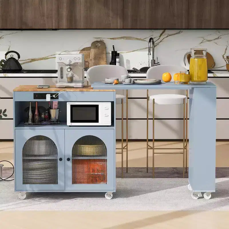 Îlot de cuisine roulant avec table extensible, lumières LED et prises de courant – 94,28 cm H x 42,97 cm L x 84,37 cm P