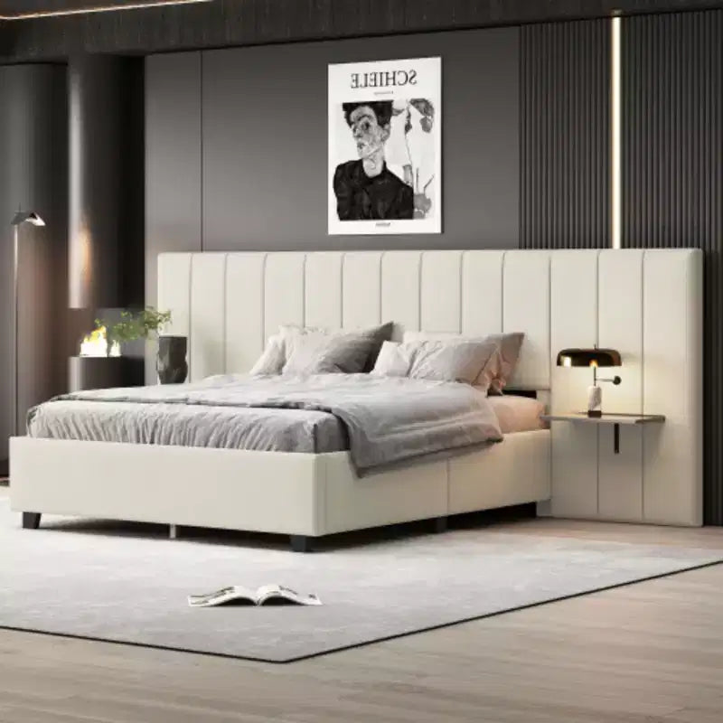Lit plateforme tapissé Queen Size avec tête de lit haute – 121,4 cm H x 206,5 cm L x 284 cm P, Contreplaqué