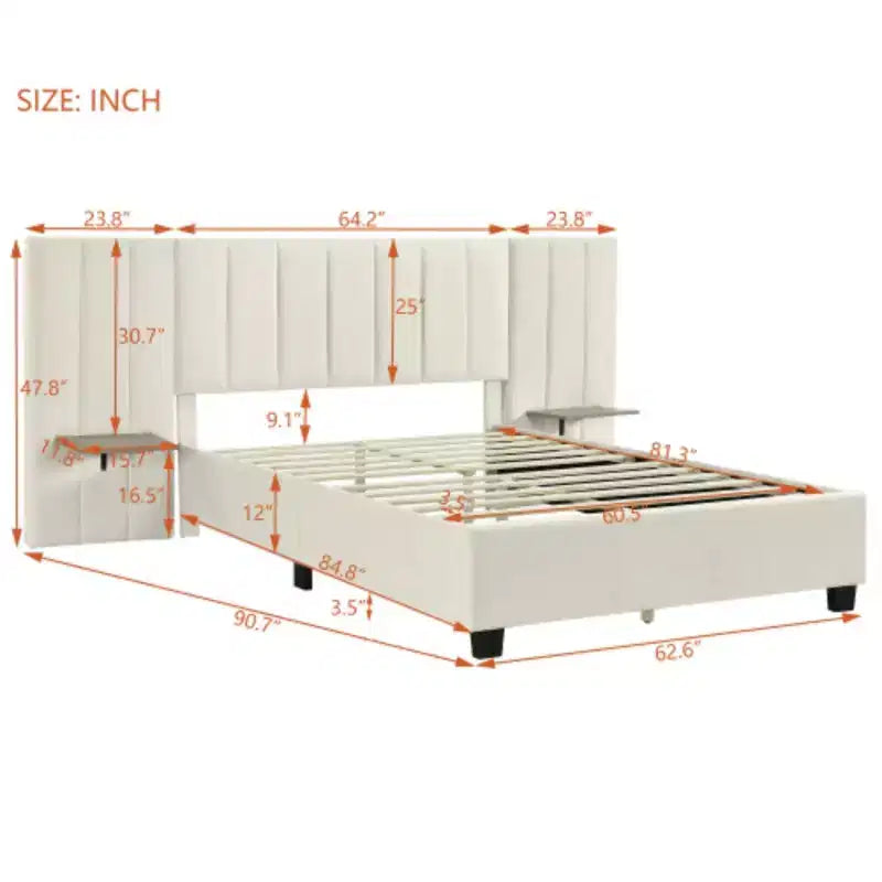 Lit plateforme tapissé Queen Size avec tête de lit haute – 121,4 cm H x 206,5 cm L x 284 cm P, Contreplaqué