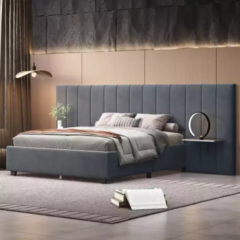 Lit plateforme tapissé Queen Size avec tête de lit haute – 121,4 cm H x 206,5 cm L x 284 cm P, Contreplaqué