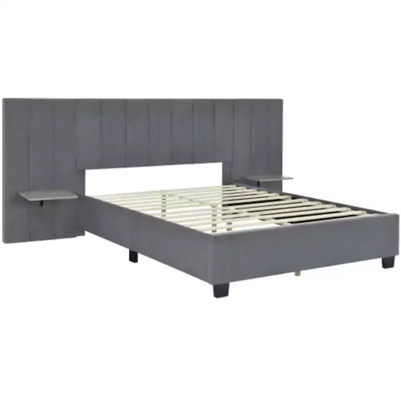 Lit plateforme tapissé Queen Size avec tête de lit haute – 121,4 cm H x 206,5 cm L x 284 cm P, Contreplaqué