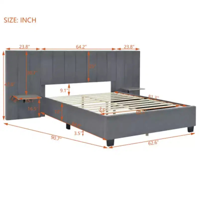 Lit plateforme tapissé Queen Size avec tête de lit haute – 121,4 cm H x 206,5 cm L x 284 cm P, Contreplaqué