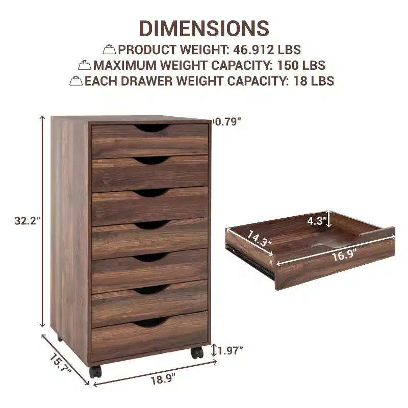 Meuble de rangement de bureau à 7 tiroirs sur roulettes – 81,8 cm H x 48 cm L x 39,9 cm P, en bois