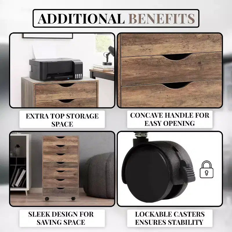 Meuble de rangement de bureau à 7 tiroirs sur roulettes – 81,8 cm H x 48 cm L x 39,9 cm P, en bois