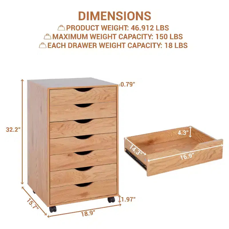 Meuble de rangement de bureau à 7 tiroirs sur roulettes – 81,8 cm H x 48 cm L x 39,9 cm P, en bois