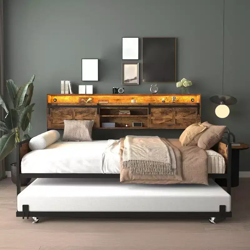 Lit de repos jumeau avec lit gigogne et tête de lit de rangement – Cadre métallique, capacité de 180 kg