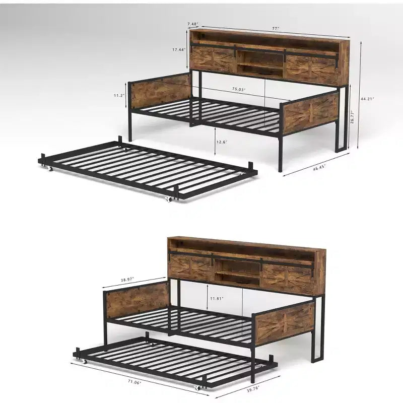 Lit de repos jumeau avec lit gigogne et tête de lit de rangement – Cadre métallique, capacité de 180 kg