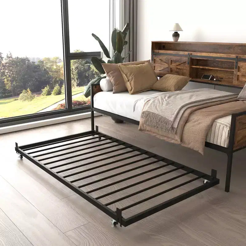 Lit de repos jumeau avec lit gigogne et tête de lit de rangement – Cadre métallique, capacité de 180 kg