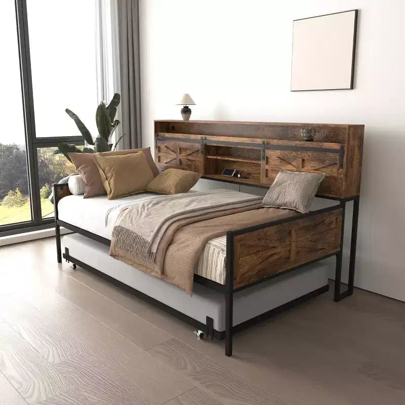 Lit de repos jumeau avec lit gigogne et tête de lit de rangement – Cadre métallique, capacité de 180 kg