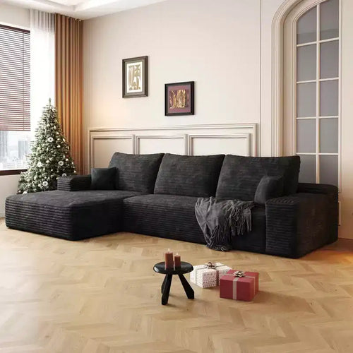 Canapé d'angle en forme de L de 272 cm, revêtement en velours côtelé, assise profonde – 96 cm H x 177 cm L x 272 cm P
