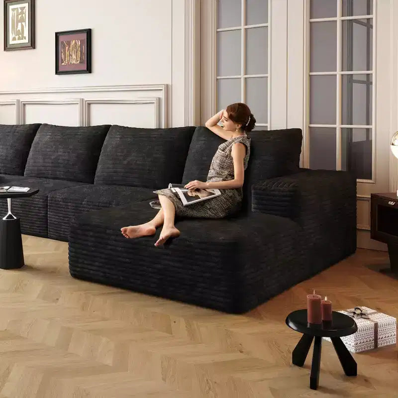 Canapé d'angle en forme de L de 272 cm, revêtement en velours côtelé, assise profonde – 96 cm H x 177 cm L x 272 cm P
