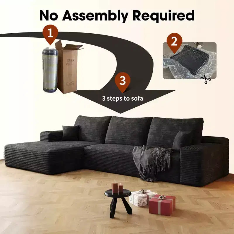 Canapé d'angle en forme de L de 272 cm, revêtement en velours côtelé, assise profonde – 96 cm H x 177 cm L x 272 cm P