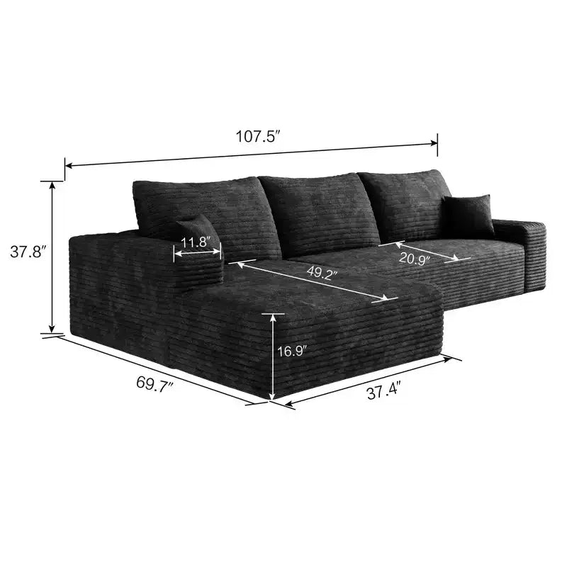 Canapé d'angle en forme de L de 272 cm, revêtement en velours côtelé, assise profonde – 96 cm H x 177 cm L x 272 cm P