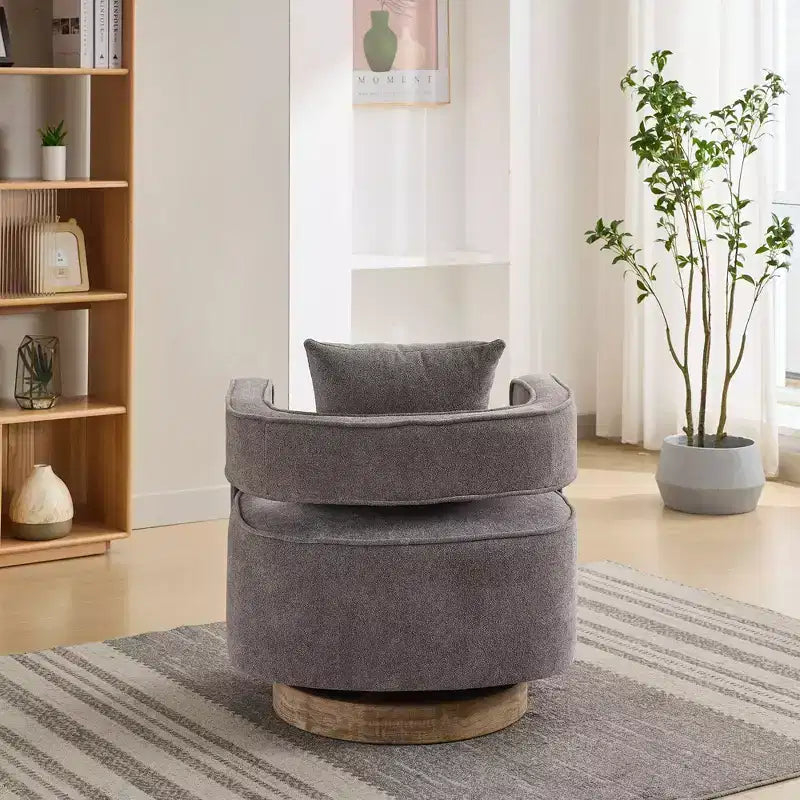 Fauteuil d'appoint pivotant à dossier ouvert à 360° avec base en bois vieilli – 84,1 cm H x 73,9 cm l x 66 cm P