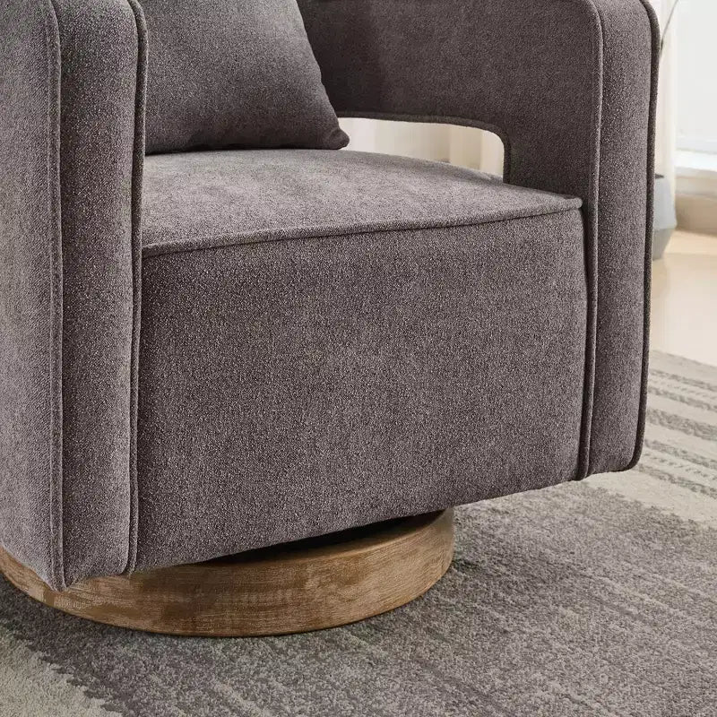 Fauteuil d'appoint pivotant à dossier ouvert à 360° avec base en bois vieilli – 84,1 cm H x 73,9 cm l x 66 cm P