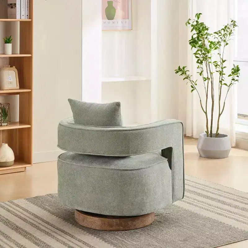 Fauteuil d'appoint pivotant à dossier ouvert à 360° avec base en bois vieilli – 84,1 cm H x 73,9 cm l x 66 cm P