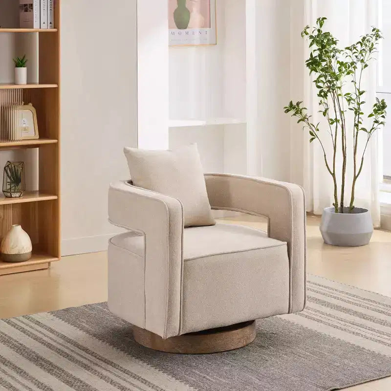 Fauteuil d'appoint pivotant à dossier ouvert à 360° avec base en bois vieilli – 84,1 cm H x 73,9 cm l x 66 cm P