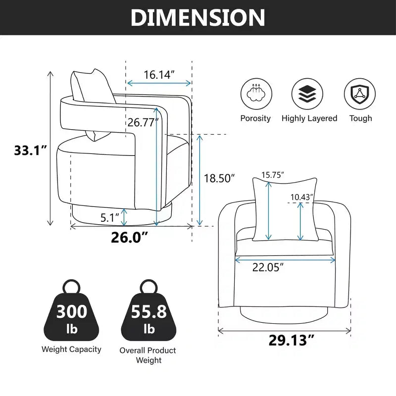 Fauteuil d'appoint pivotant à dossier ouvert à 360° avec base en bois vieilli – 84,1 cm H x 73,9 cm l x 66 cm P