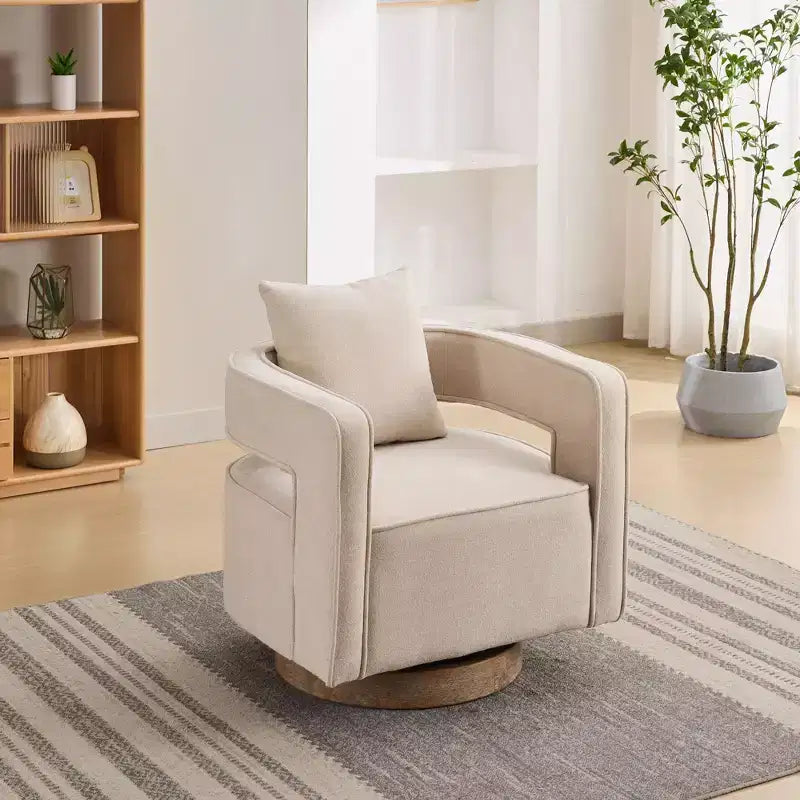 Fauteuil d'appoint pivotant à dossier ouvert à 360° avec base en bois vieilli – 84,1 cm H x 73,9 cm l x 66 cm P