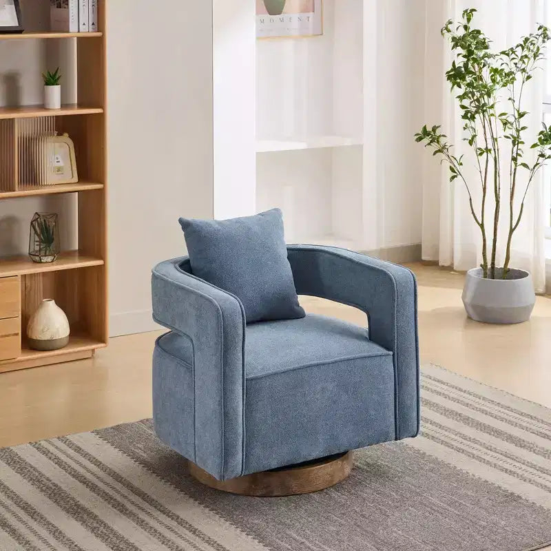 Fauteuil d'appoint pivotant à dossier ouvert à 360° avec base en bois vieilli – 84,1 cm H x 73,9 cm l x 66 cm P