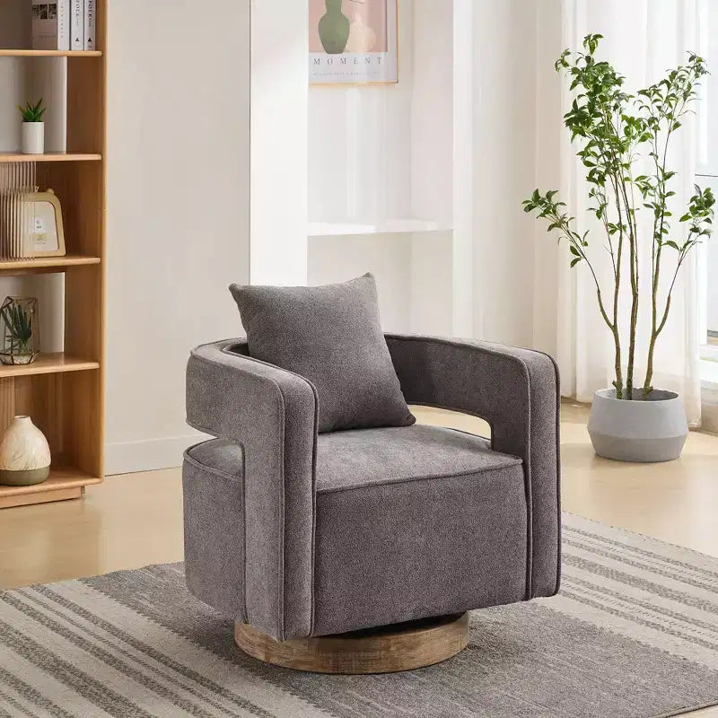 Fauteuil d'appoint pivotant à dossier ouvert à 360° avec base en bois vieilli – 84,1 cm H x 73,9 cm l x 66 cm P