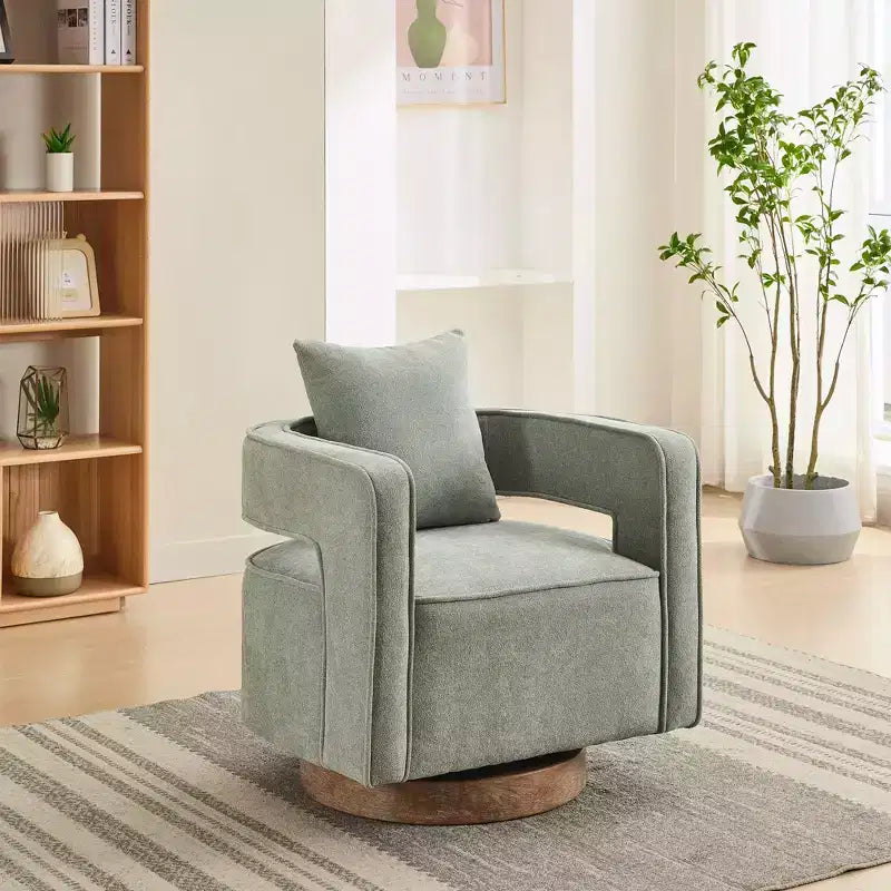 Fauteuil d'appoint pivotant à dossier ouvert à 360° avec base en bois vieilli – 84,1 cm H x 73,9 cm l x 66 cm P