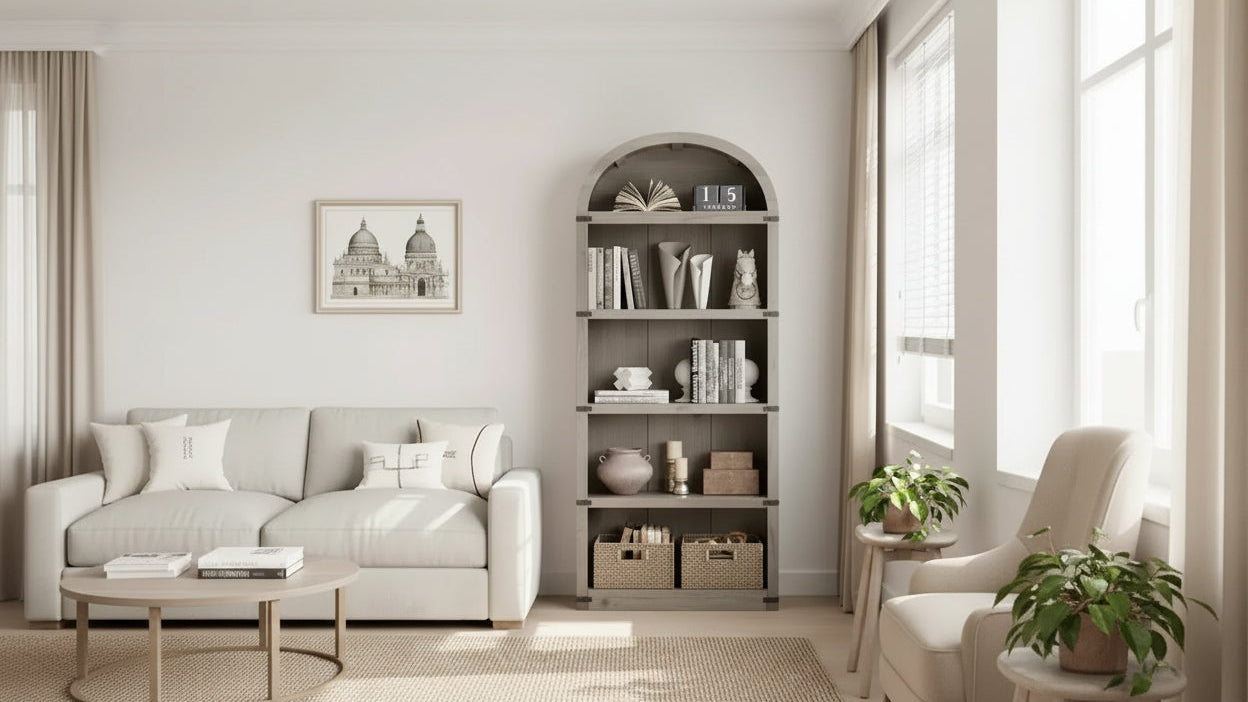 Bibliothèque arquée à 5 étagères – 182,1 cm H x 75,9 cm L x 30,2 cm P, MDF