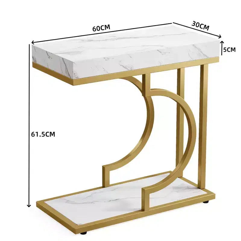 Table d'appoint étroite en C avec plateau imitation marbre et cadre en métal – 60 cm H x 60 cm L x 30 cm P